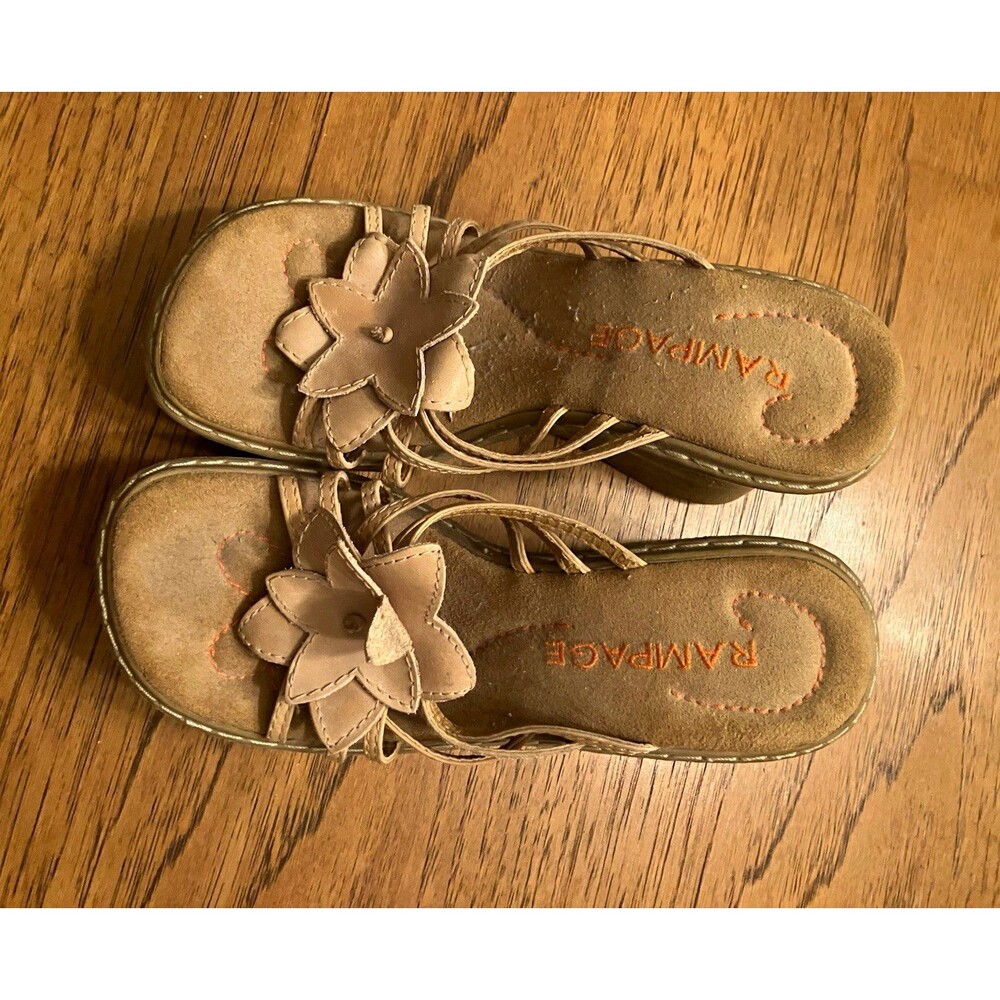 Rampage Women’s Beige Leather Strappy Slip-On Wedge Sandals Flower US 8 M